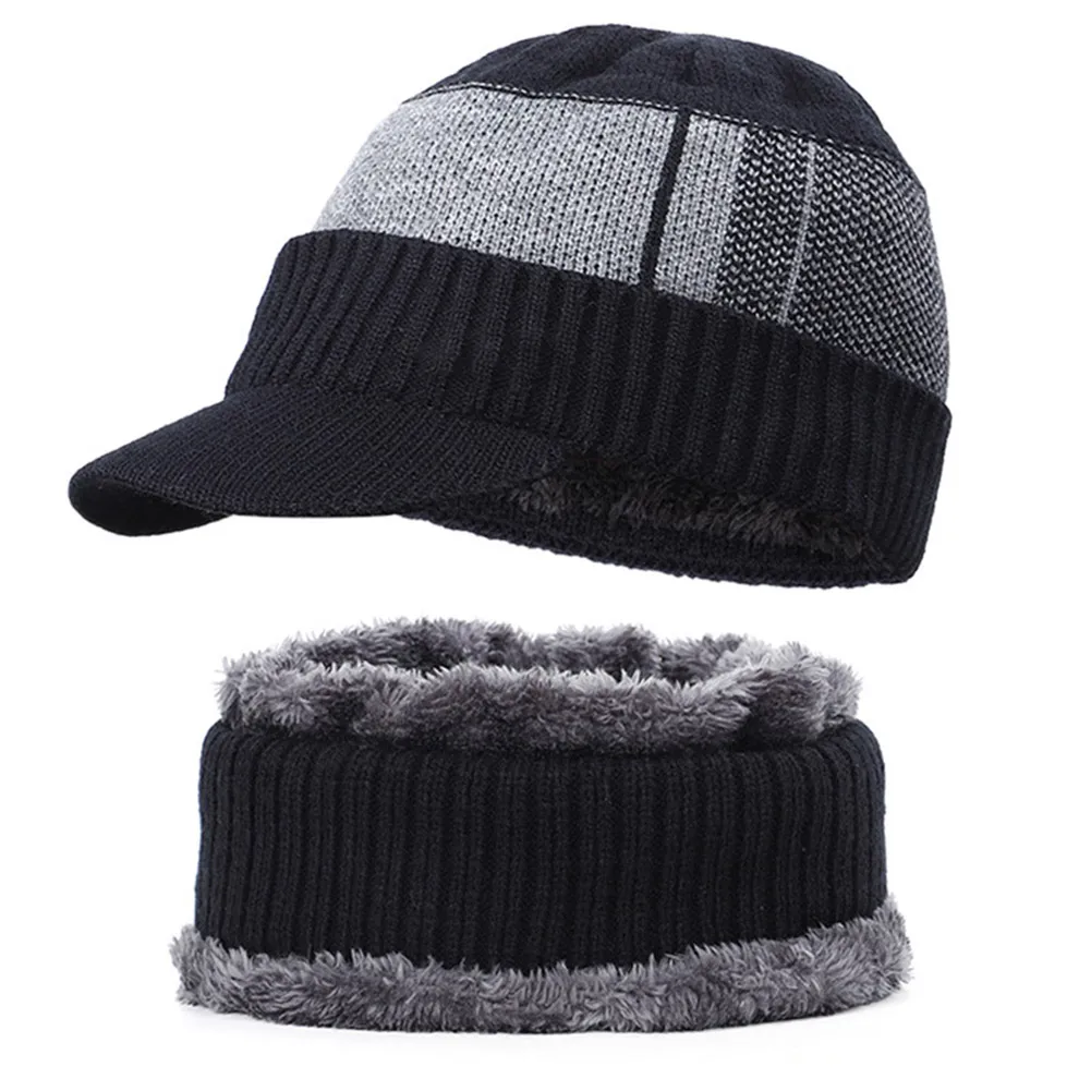 Black hat and scarf Мужская зимняя теплая шапка, вязаная шапка с флисовой подкладкой, мягкая дышащая шапка с петлями для шарфа, набор KNG88 - Цвет: Black hat and scarf