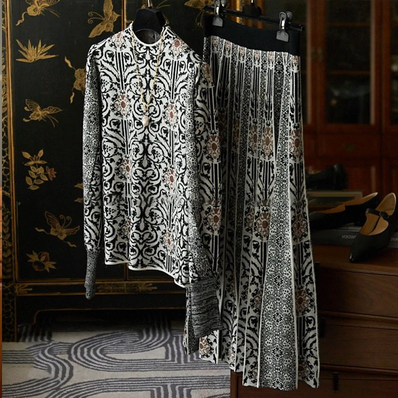 

Женский трикотажный пуловер, блестящий Шелковый жаккардовый шерстяной вязаный пуловер с цветами и длинной плиссированной полуюбкой, костю...