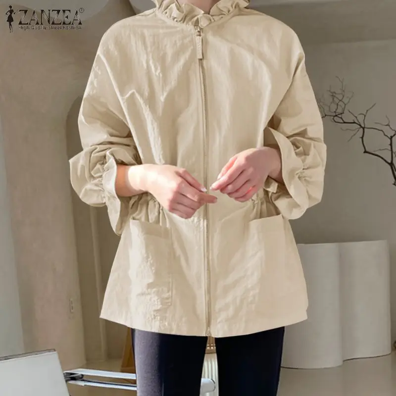 

Модные Винтажные женские пальто, куртки ZANZEA 2021, весенне-осенняя верхняя одежда с цветочным рукавом и оборками, Повседневная Свободная одежд...