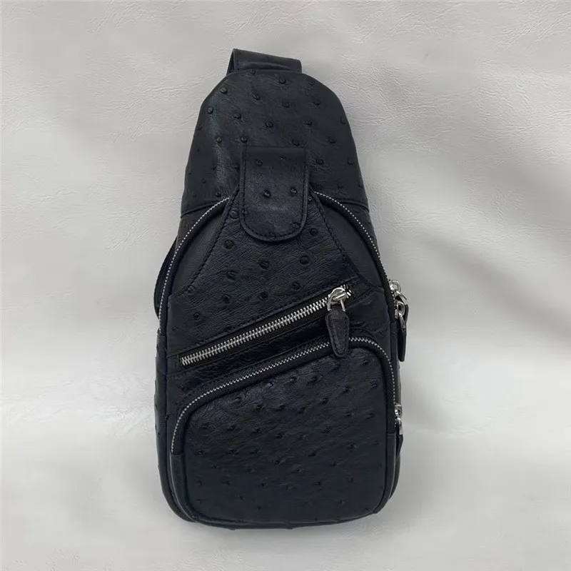 

Authentic Real True Ostrich Skin Men's Casual Black Chest Bag Small Messenger Bag Genuine Exotic Leather Male Cross Shoulder Bag