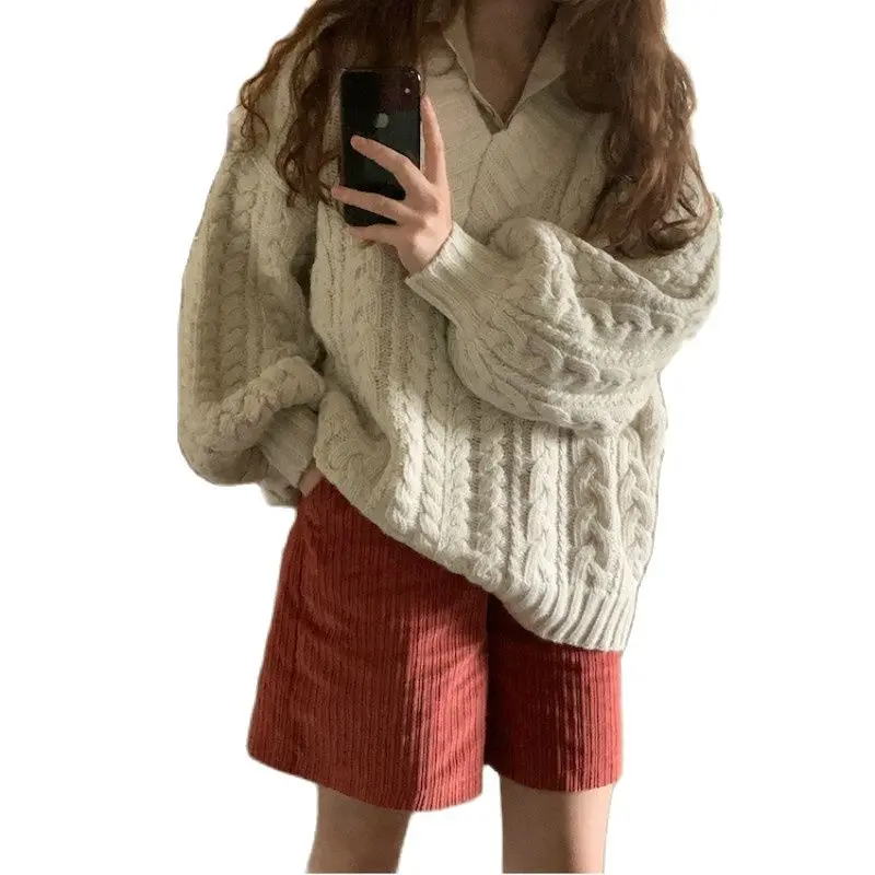 

M.Y.FANTASY 2021Women Autumn V Neck Lantern Sleeve Oversized Twist Sweater Female Knitted Pullover Jumpers