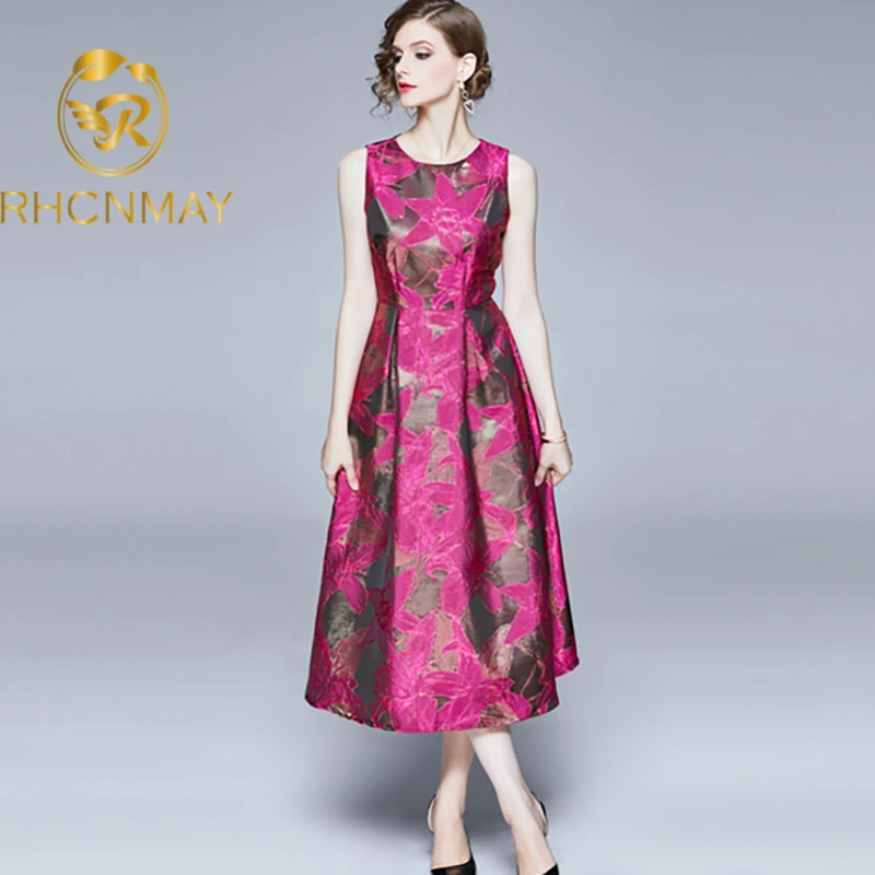 

2020 Summer Sleeveless Jacquard Long Pleated Dress Women O-neck Fashion Ladies Runway Elegant Party Dresses Vestidos Dresses