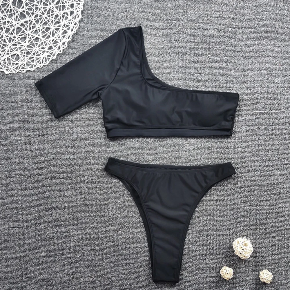 

2021 New Sexy One Shoulder Bikini Women Hollow Out Swimsuit Push Up Swimwear High Waist Bikini Set Solid Bathing Suits Beachwear