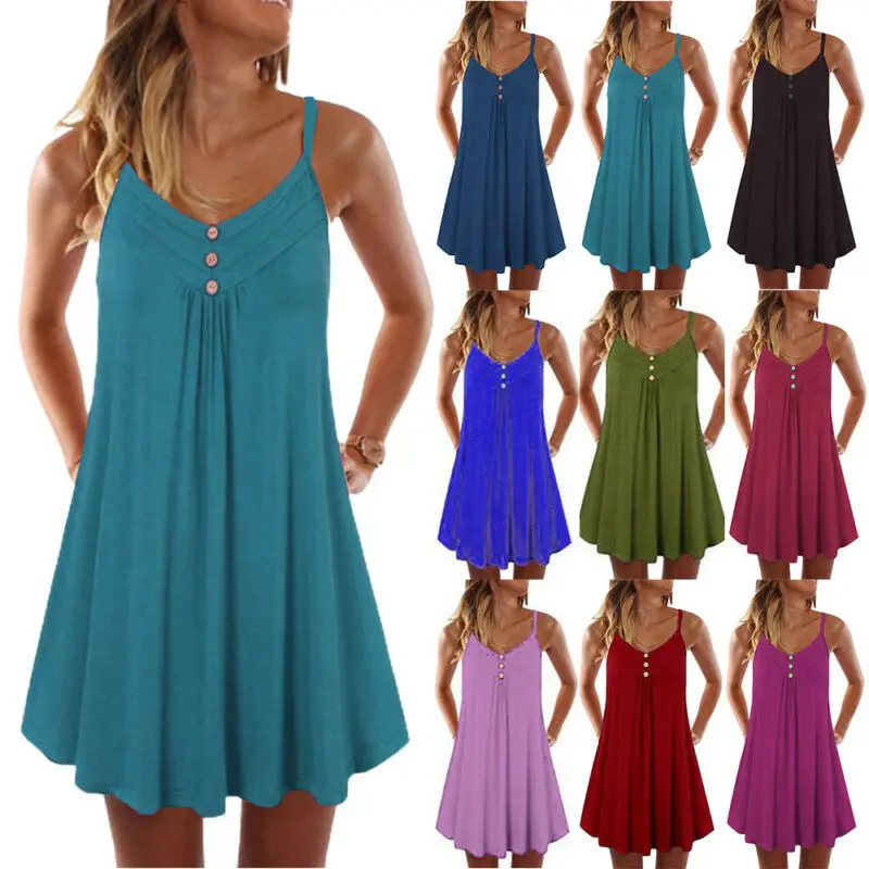 

Womens Plain Strappy Mini Dress Casual Summer Beach Holiday Loose Short Sundress
