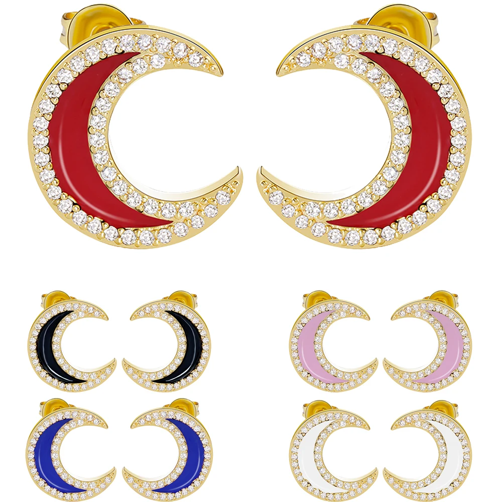 

2021 New Gold Color Stud Earrings Micro Pave White Zircon Clear CZ Moon Four Color Earrings For Women Gift Party Jewelry