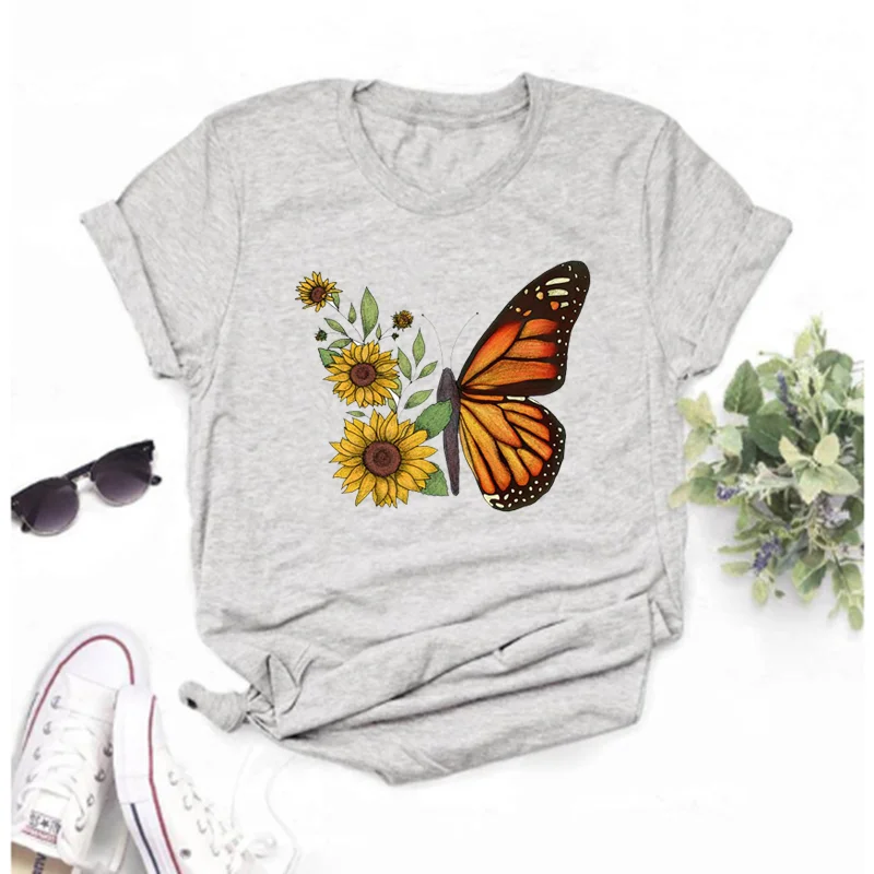 

Mayos Ms. Sunflower Butterfly Floral Print T-shirt Ms. Fashion Harajuku T-shirt Casual Cartoon Printed Clothes