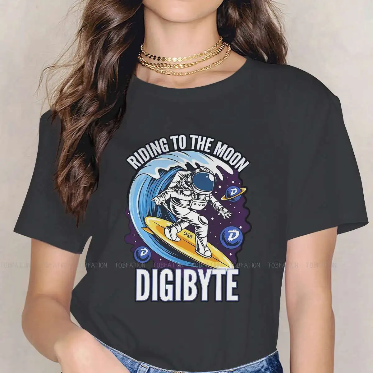

Riding to the Moon Newest TShirts Digibyte DGB Digital Currency Blockchain Female Graphic Pure Cotton Tops T Shirt Round Neck