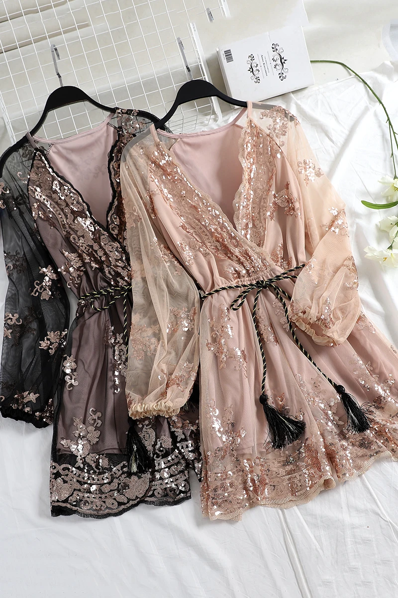 

New Autumn Women Mesh Sequins Embroidery Long Sleeve Gauze Jumpsuit Playsuits Ladies Romper V-neck Voile Noble Overalls
