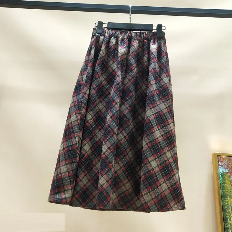 Autumn Winter High waist umbrella skirt a word skirt wild waist woolen female Flared new poncho skirt Plaid Long skirt