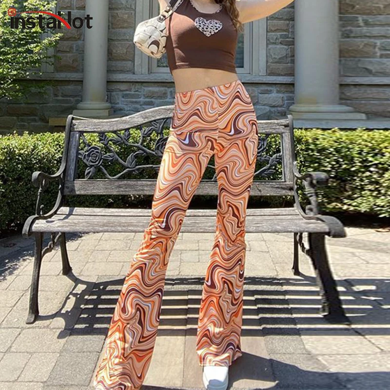 

Женские брюки-клеш InstaHot, из спандекса, с принтом пейсли, повседневные, винтажные, летние, 2021