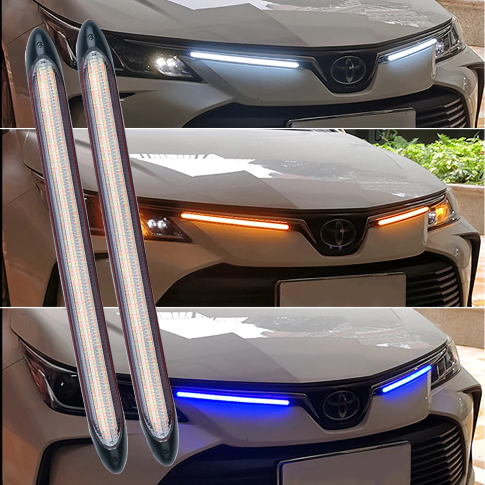 Luz de circulación Diurna LED DRL para coche, Faro de tira Flexible impermeable, flujo dinámico secuencial, señal de giro, luces amarillas de 12V, 2 piezas