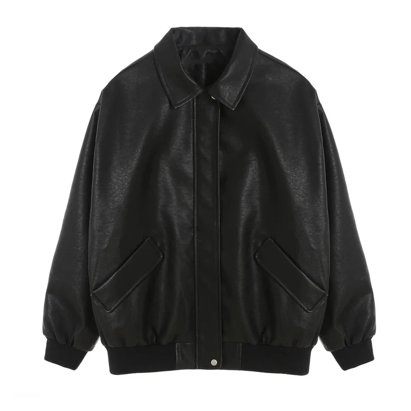

New Spring Coat Women Faux Leather Jacket Biker Red White Coat Turndown Collar PU Motorcycle Jackets Loose Streetwear Outerwear