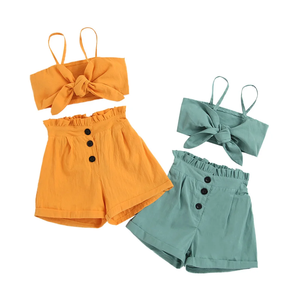 

От 1 до 6 лет одежда для маленьких девочек, повседневная Двухсекционная одежда, набор, Одноцветный Цвет майка и шорты с эластичной резинкой на талии, комплект из 2 предметов, летняя одежда