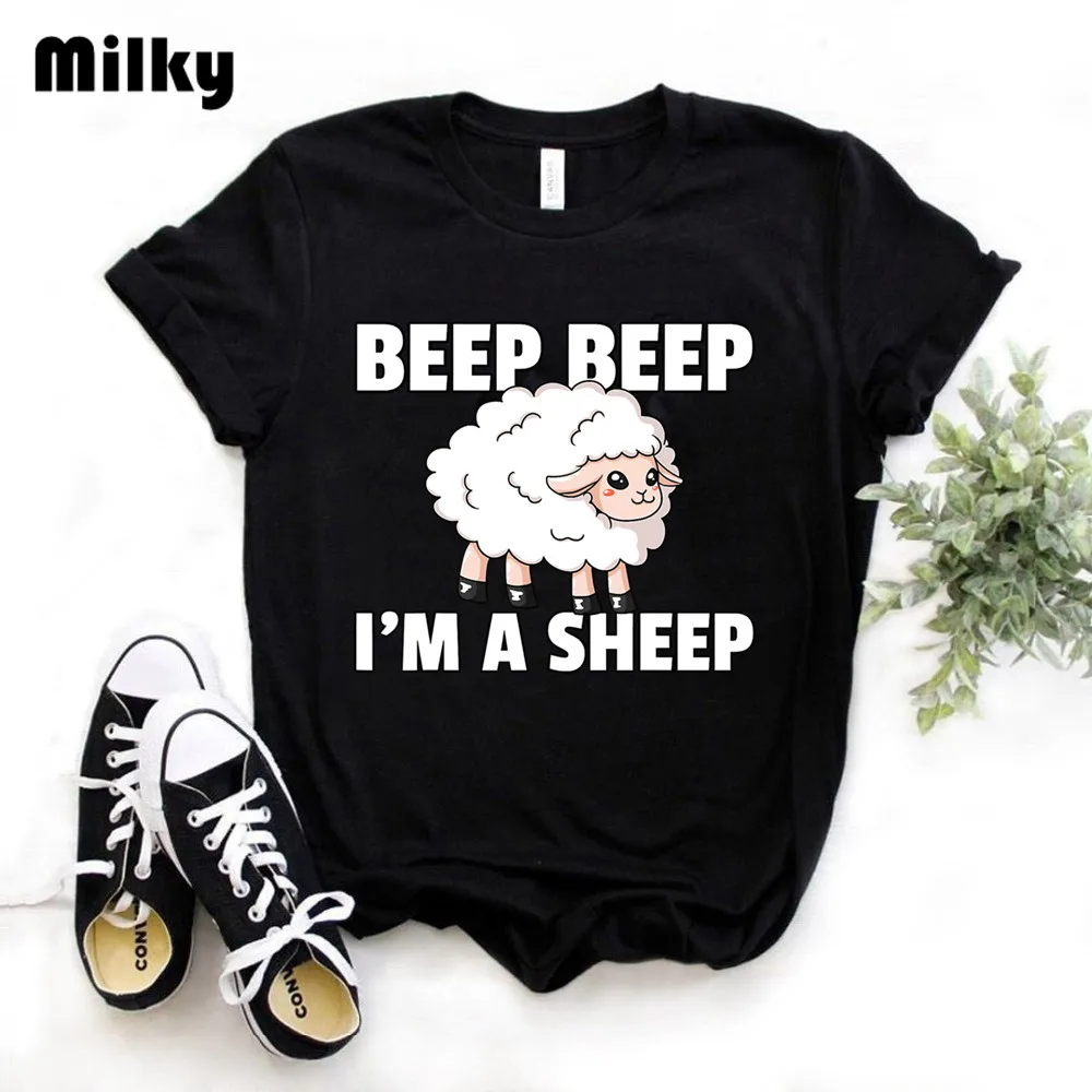 

BEEP BEEP I'M A SHEEP Print T-Shirt Women Short Sleeve Cartoon Animal Tops T-Shirt grunge aesthetic goth clothes