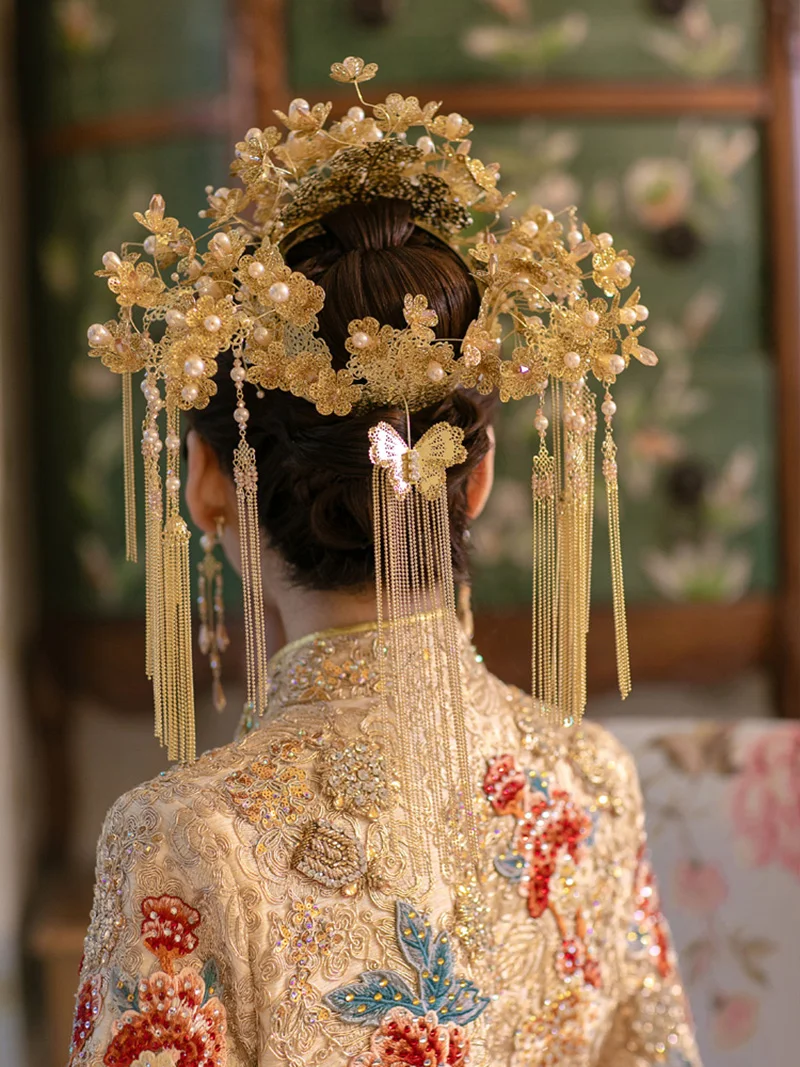 HIMSTORY Золотой Китайский традиционный Феникс головной убор кисточка серьги цветок жемчуг тиара Корона Свадебные украшения для волос