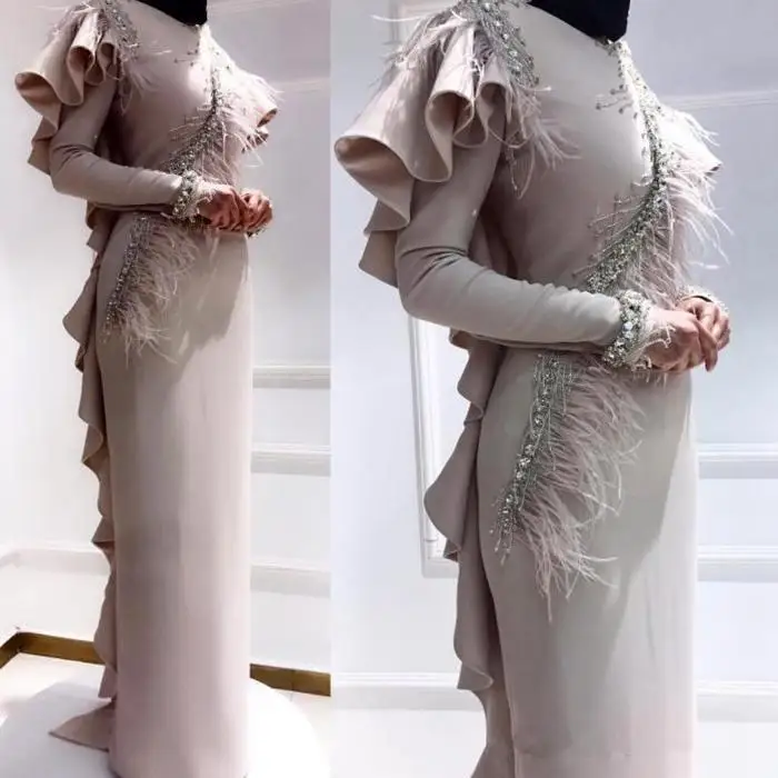 

Moroccan Kaftan Caftan Evening Dresses Arabic Muslim Middle East Party Gowns Ruffles Feather Long Sleeves Occasion Prom