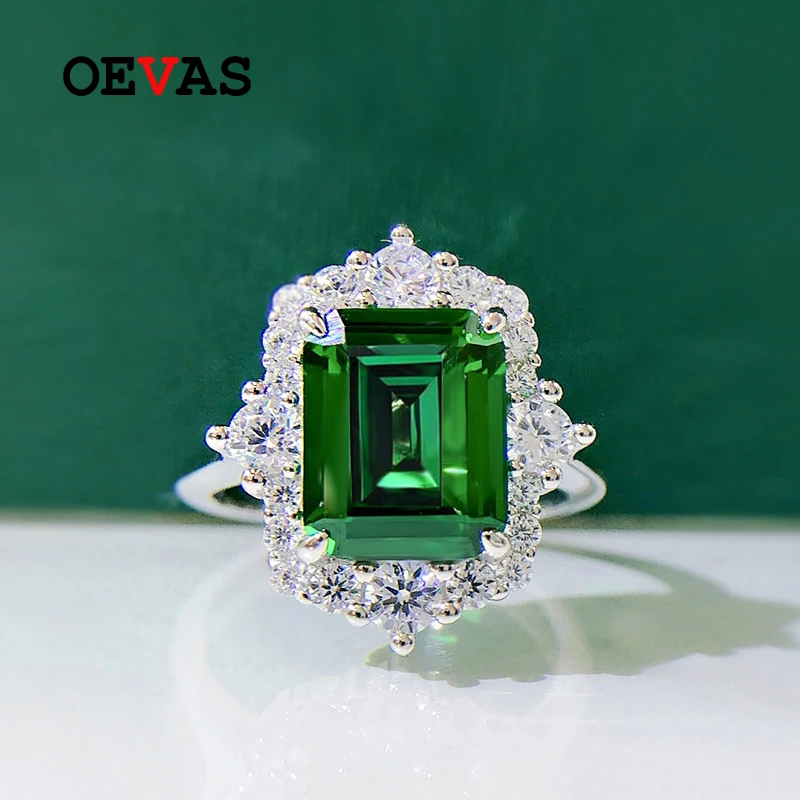 

OEVAS 100% 925 Sterling Silver 8*10mm Square Emerald High Carbon Diamond Rings For Women Sparkling Wedding Party Fine Jewerly