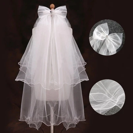 

Soft Hot Sale Double Layer Flower Girls Wedding Veils Cute Rhinestone Bowknot Costume
