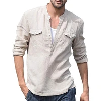 2021 new autumn casual thin shirt men collage cotton and linen hedging long sleeved fashion urban stand up collar shirt for men