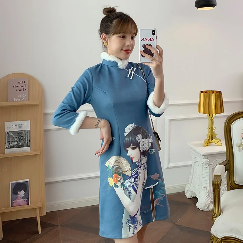 

Womens Sexy Vintage Cheongsam Dress Fashion Ladies Thermal Autumn Winter Birthday Party Cocktail Casual Chinese Dresses Clothes