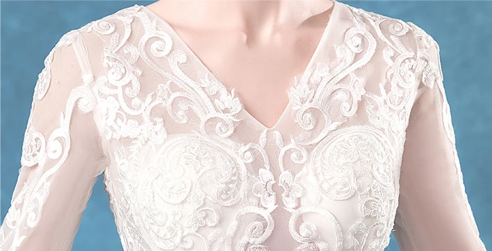 

Simple Wedding Dresses 2020 Elegant Long Lace Three Quarter Sleeves A Line Floor Length Tulle V Neck Princess Bridal Gowns Cheap