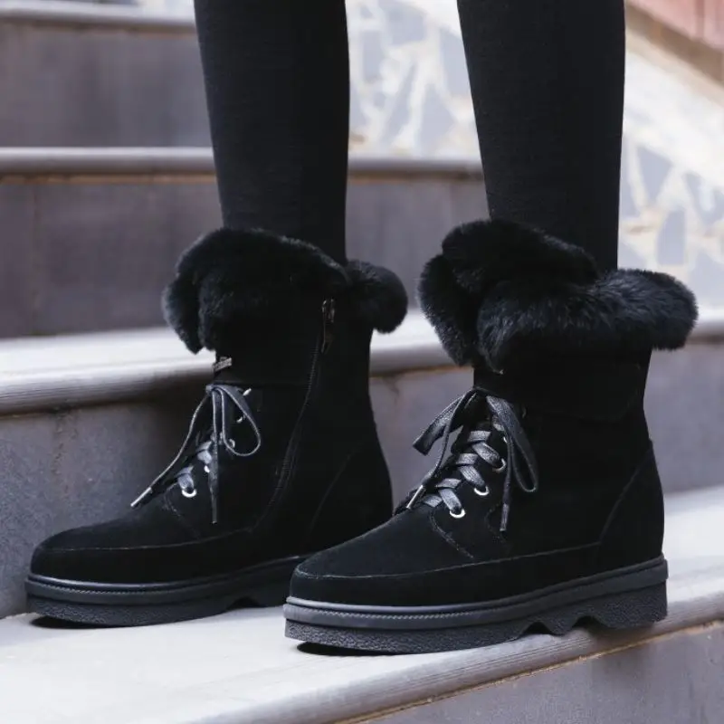 

RIZABINA Snow Boots Women Real Leather Plush Fur Round Toe Thick Bottom Winter Fur Warm Shoes Zipper Size 34-40