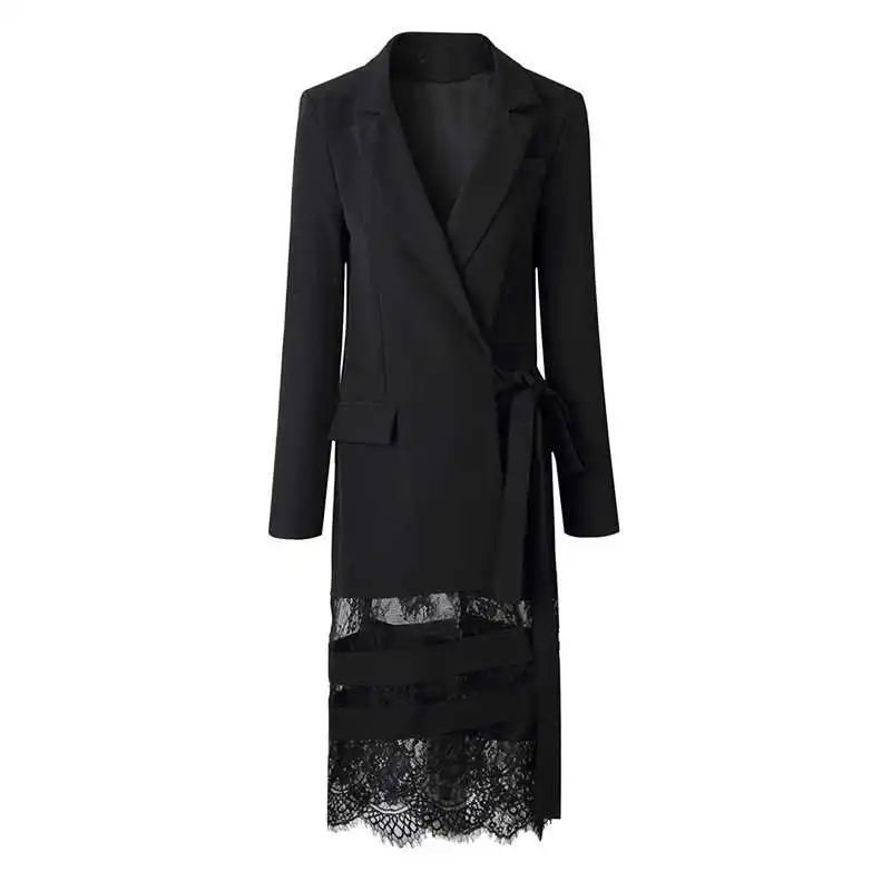 

[DEAT] 2021 Spring And Autumn Temperament V-neck Collar Belt Long Sleeve Solid Black Lace Patchwork Long Suit Dress GX1079