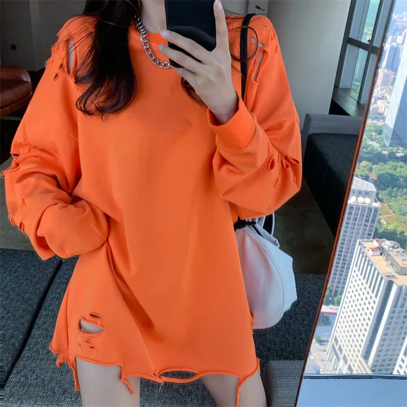 

Ripped Sweatshirt Women Spring Autumn Thin Loose Mid-Length Tops Fashion Solid Color All-Match O-Neck Long Sleeve Pullover