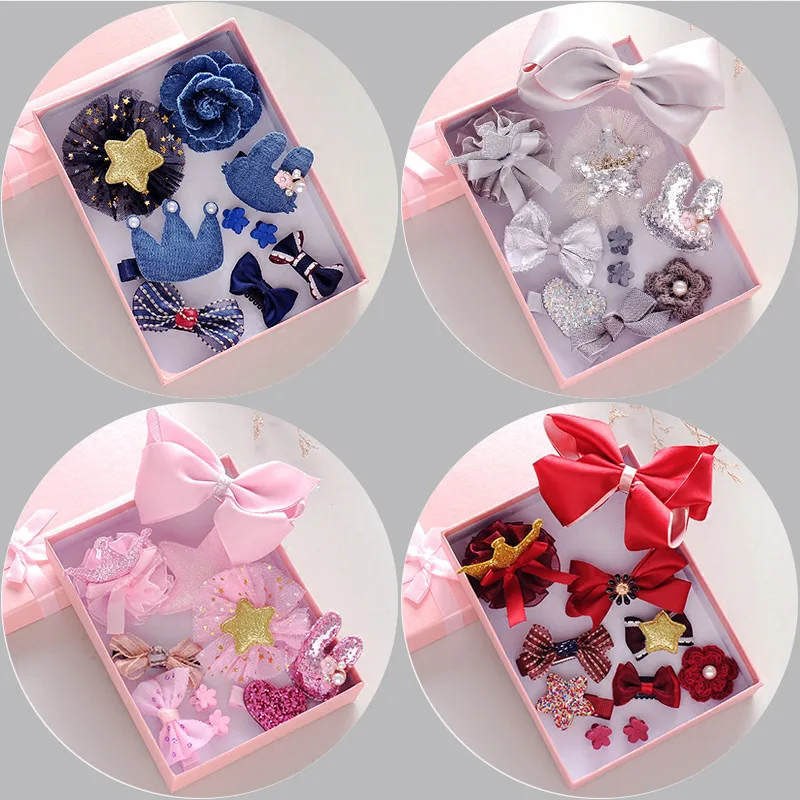 10pcs/set Gift Box Hair Clips for Girls Accessories Lovely Cartoon Bow Kids Hairpins Headwear Princess Flower Barrettes | Красота и