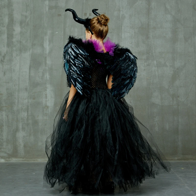 Maleficent/платье-пачка «злая королева» для девочек с роговыми крыльями; костюм ведьмы для косплея; детское праздничное рождественское платье
