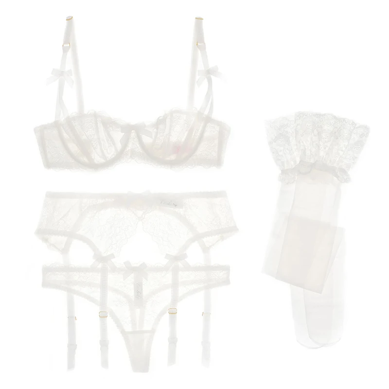 Varsbaby new arrival sexy lace transparent unlined 1/2 cup underwear set bra+thongs+garters+stockings 4 pcs