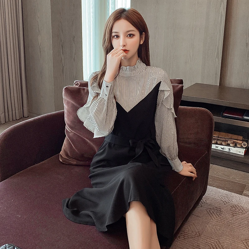 

COIGARSAM French Style Women one-piece dress korean New Spring Vintage High Waist Dresses Black 5906