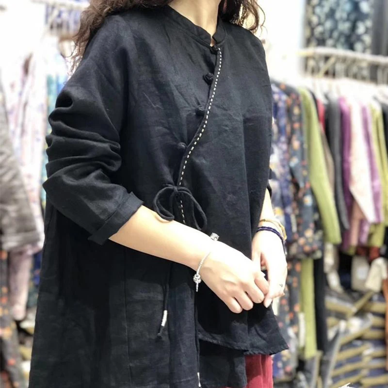 

Spring Autumn Arts Style Women Long Sleeve Loose Shirt Vintage Button Solid Cotton Linen Blouses Plus Size Blusa Feminina S584