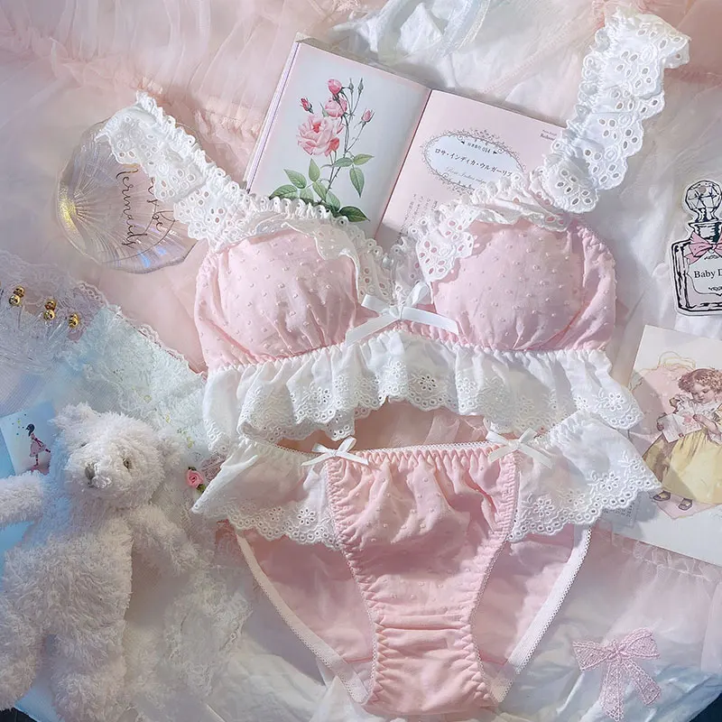 

Lolita Kawaii Cute Lingerie Lace Pink Bra and Panty Set Sexy Underwear Women French Retro Cotton Intimate Ultra Thin Bra Panties
