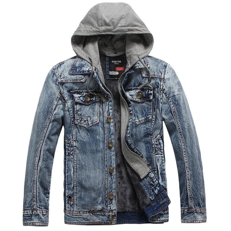 Fashion Men's Winter Warm Fleece Denim Jacket Male Casual Slim Hooded Outwear Jaen Jackets Autumn Thick Coat For Men Streetwear | Мужская
