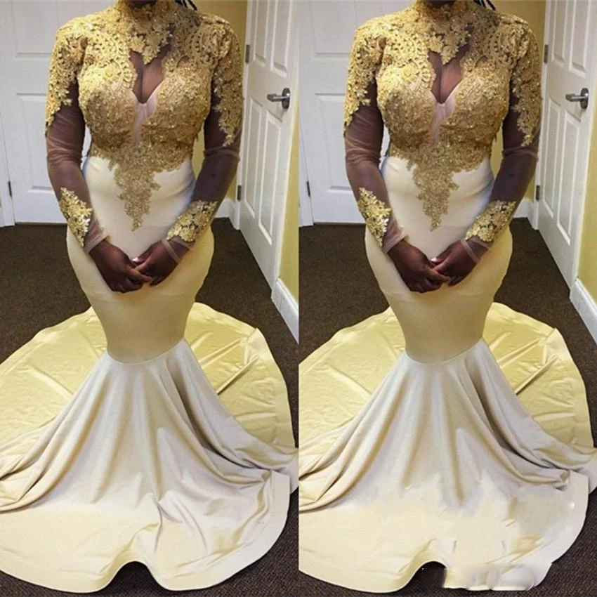 Женское вечернее платье-русалка золотистое кружевное Прозрачное платье с