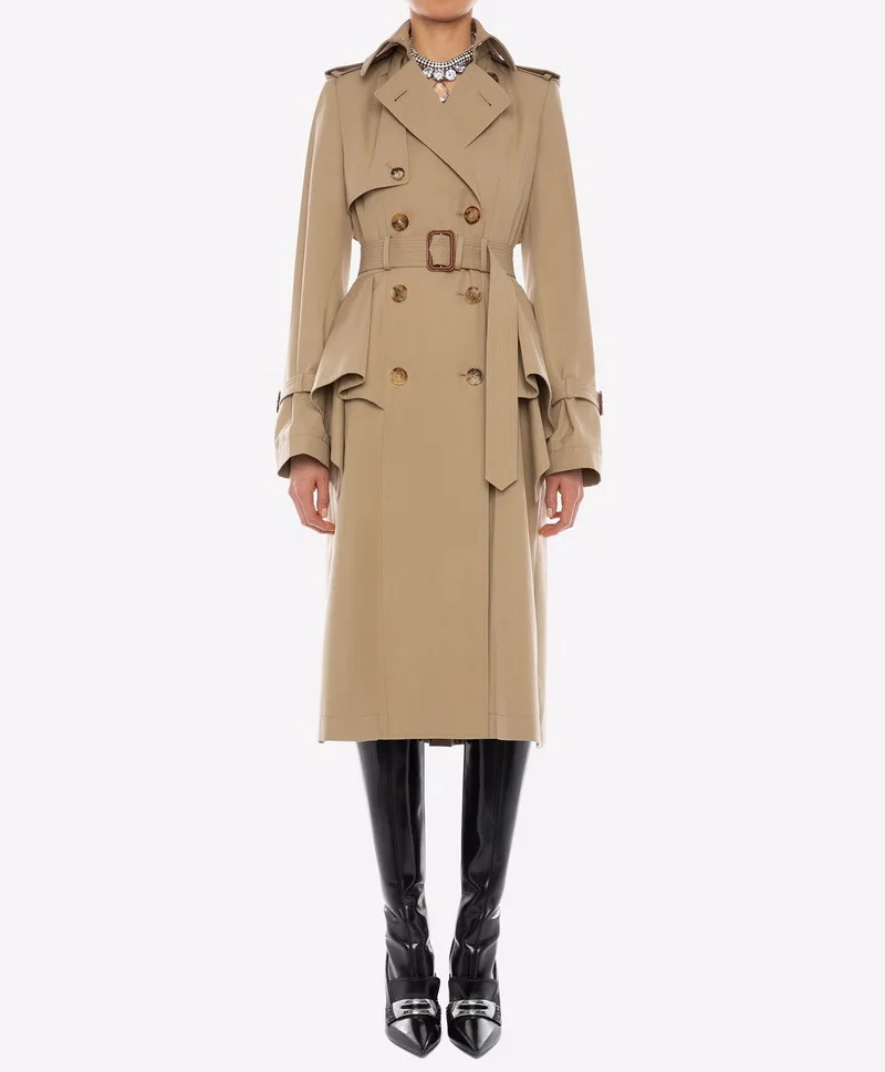 Английский стиль двубортный Женский Тренч 2019 осень/зима элегантный оборки