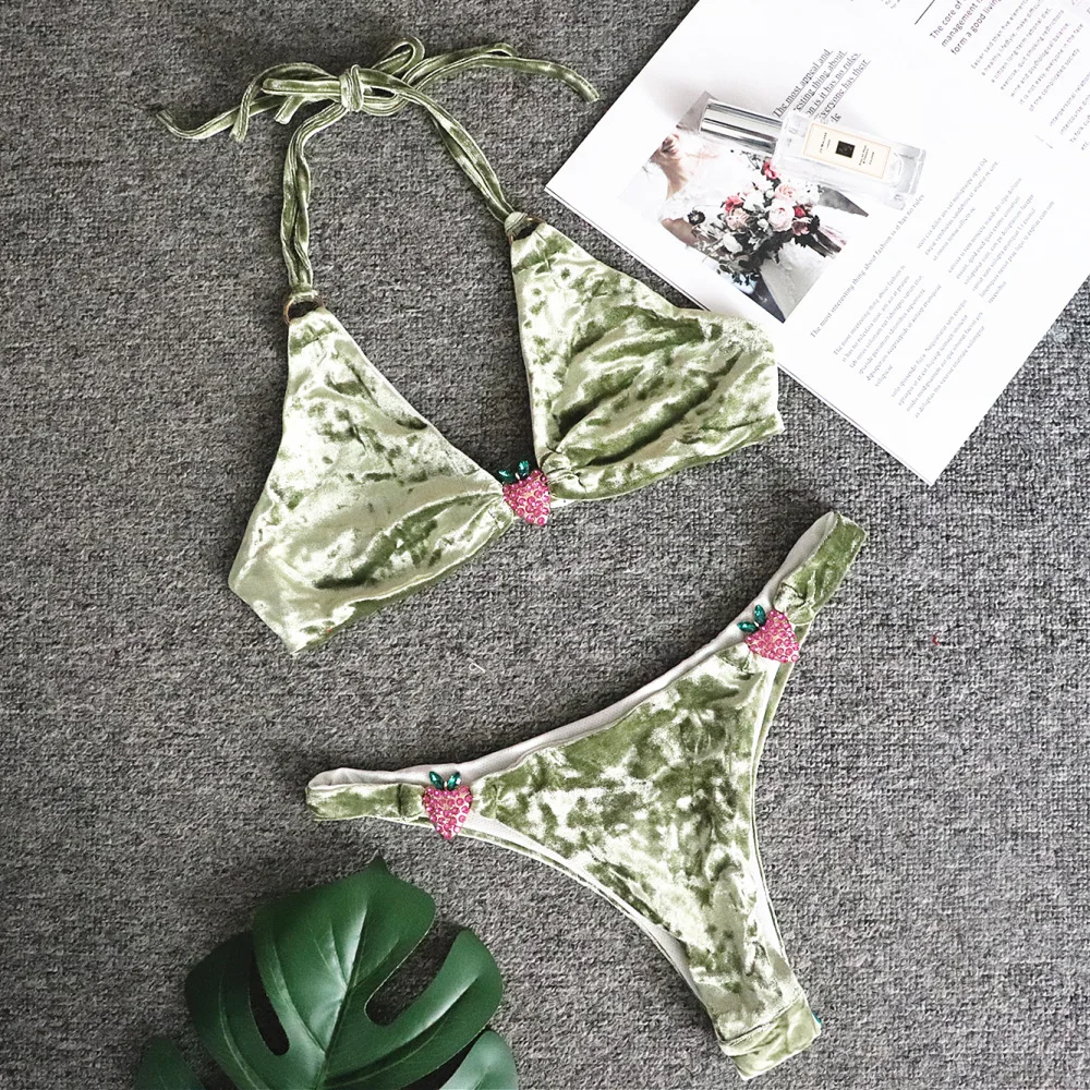 Лидер продаж 2020 дизайнерские золотистые бархатные бикини с кристаллами и