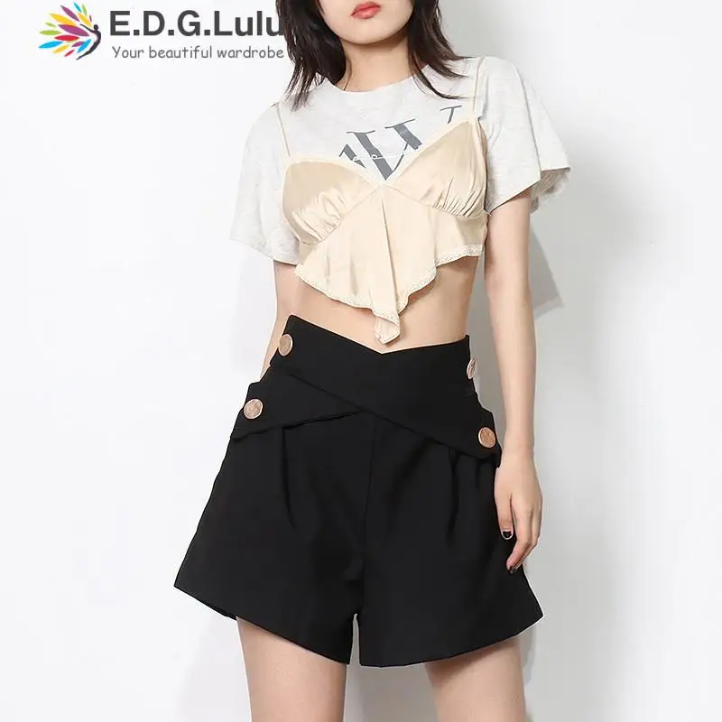 

EDGLuLu Fashion 2021 O-neck Short Sleeve Crop Top Patchwork Asymmetry Suspender Blouse Casual Streetwear Female Tshirt Tee 1027