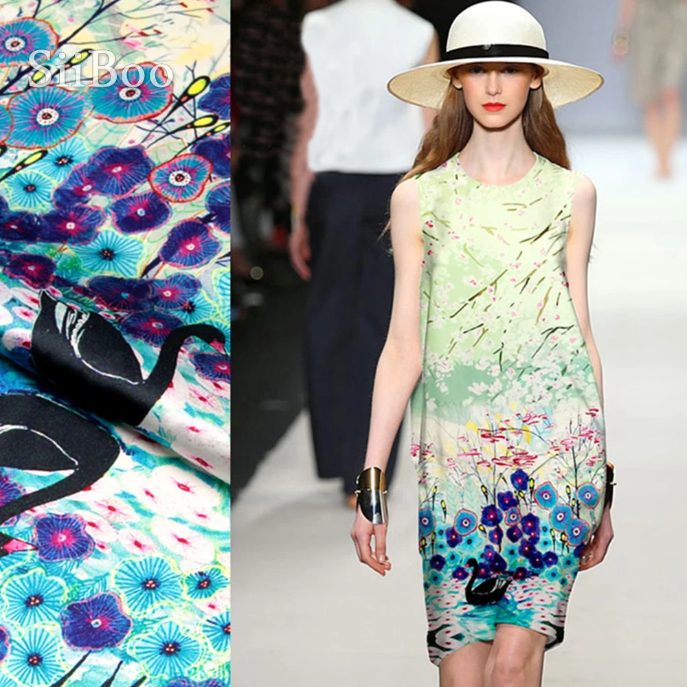 Роскошный Лебедь цветочный позиционирование печати спандекс шелковая ткань для