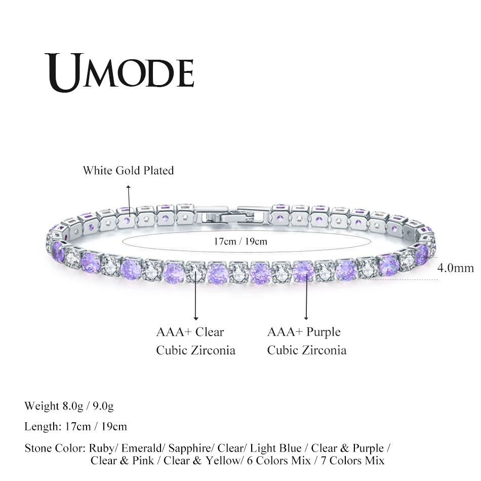 Женские браслеты для невесты UMODE теннисные с фиолетовым фианитом роскошные