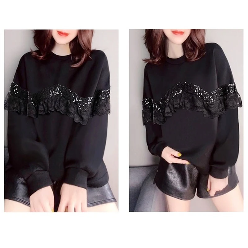 

Winter Long Sleeve Crewneck Sweatshirt Women Sequins Lace Plus Size Pullover Sweatshirt Jackets Velvet Vintage Sweatshirts 12470