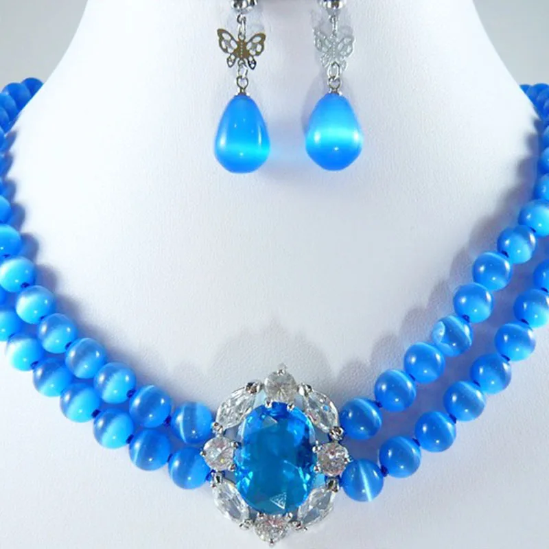 

Classic Fine Jewelry Set Necklace Earrings Beads Blue Stone Crystal Pendant Necklace Charm Party Evening Jewelry For Women Girls