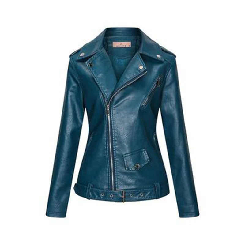 2021 New Spring Autumn Fashion blue Faux Leather Coat Women Lapel Black Khaki Tops Casual Slim PU Leather Jacket N1328