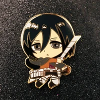 mikasa%c2%b7ackerman enamel pin kawaii cartoons waving knife girl brooch accessories anime fans collectible badge jewelry gift