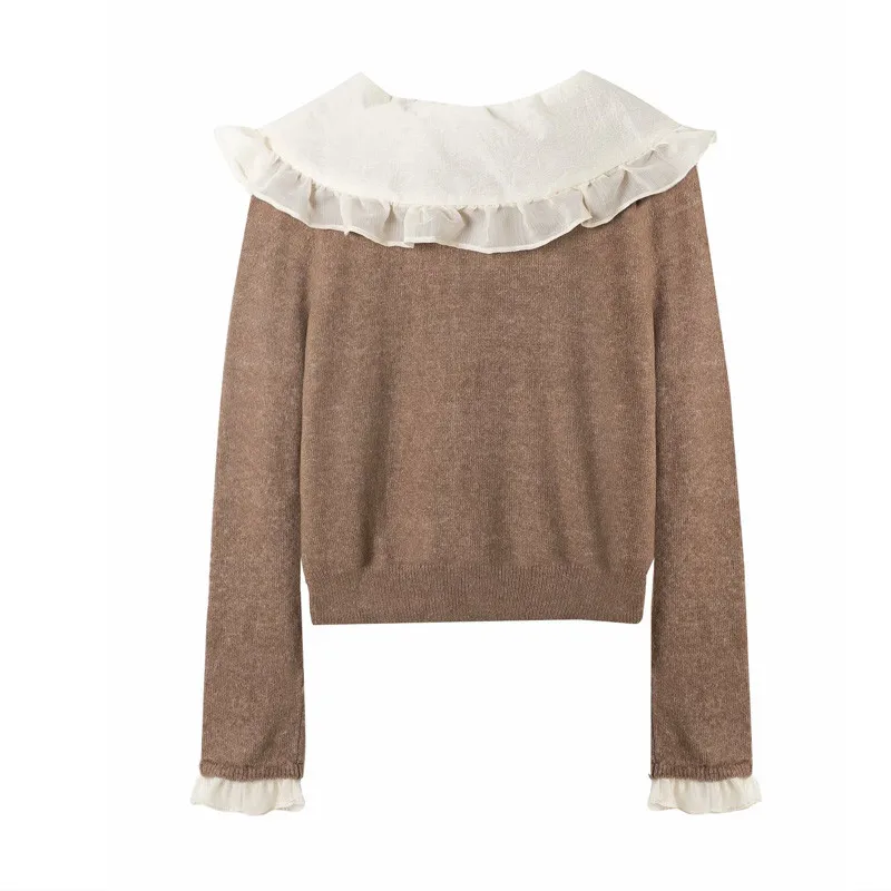 

Women's Sweaters Autumn Pullover Ruffle Knit Ladies Fashion Peter Pan Collar Long Sleeve Combination Female Casual Knitted Tops