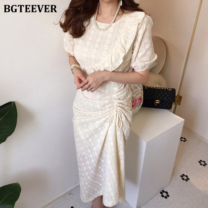 Платье BGTEEVER женское ТРАПЕЦИЕВИДНОЕ с круглым вырезом принтом и оборками на