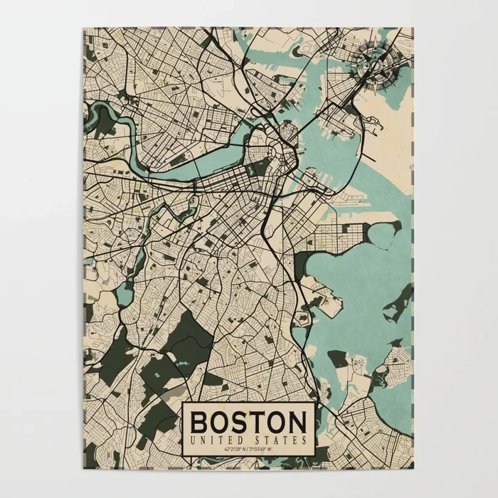 Настенный плакат с картой Бостон HD-принты модульные картины американская Ретро