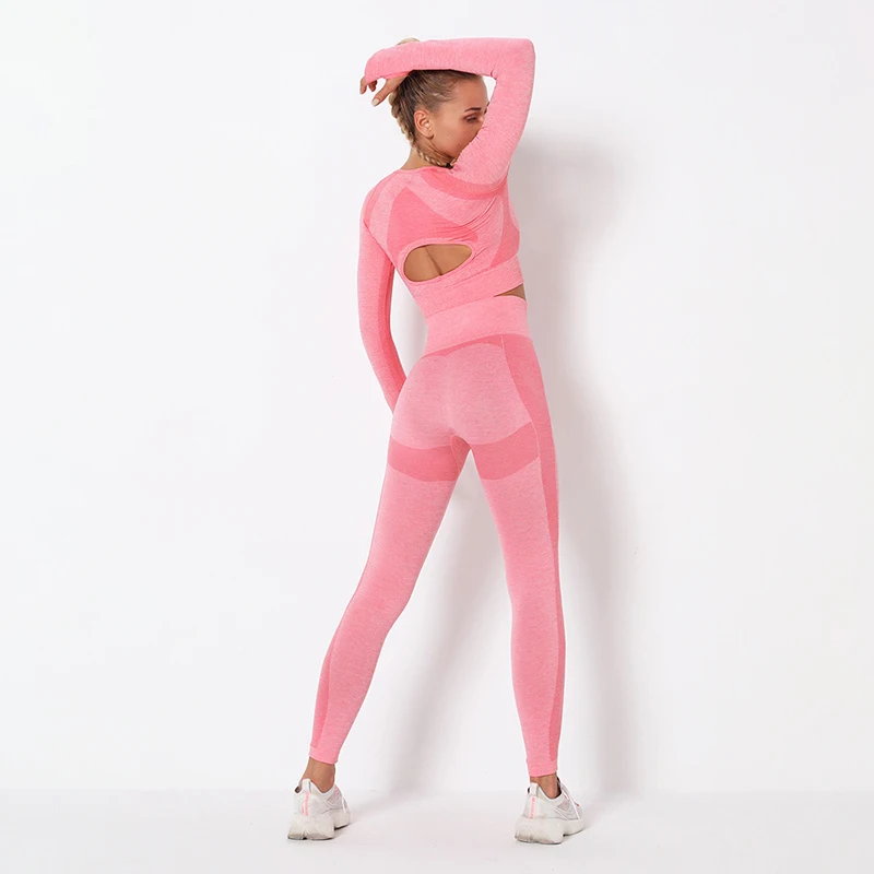 

QIANZI Seamless Skeleton Yoga Wear Set Hip Lift Yoga Pants Sports High Waist Tight Fitness Pants Long Sleeve Top Female
