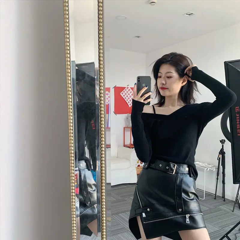 Сексуальная кожаная мини-юбка с мехом Женская юбка на молнии поясом в стиле